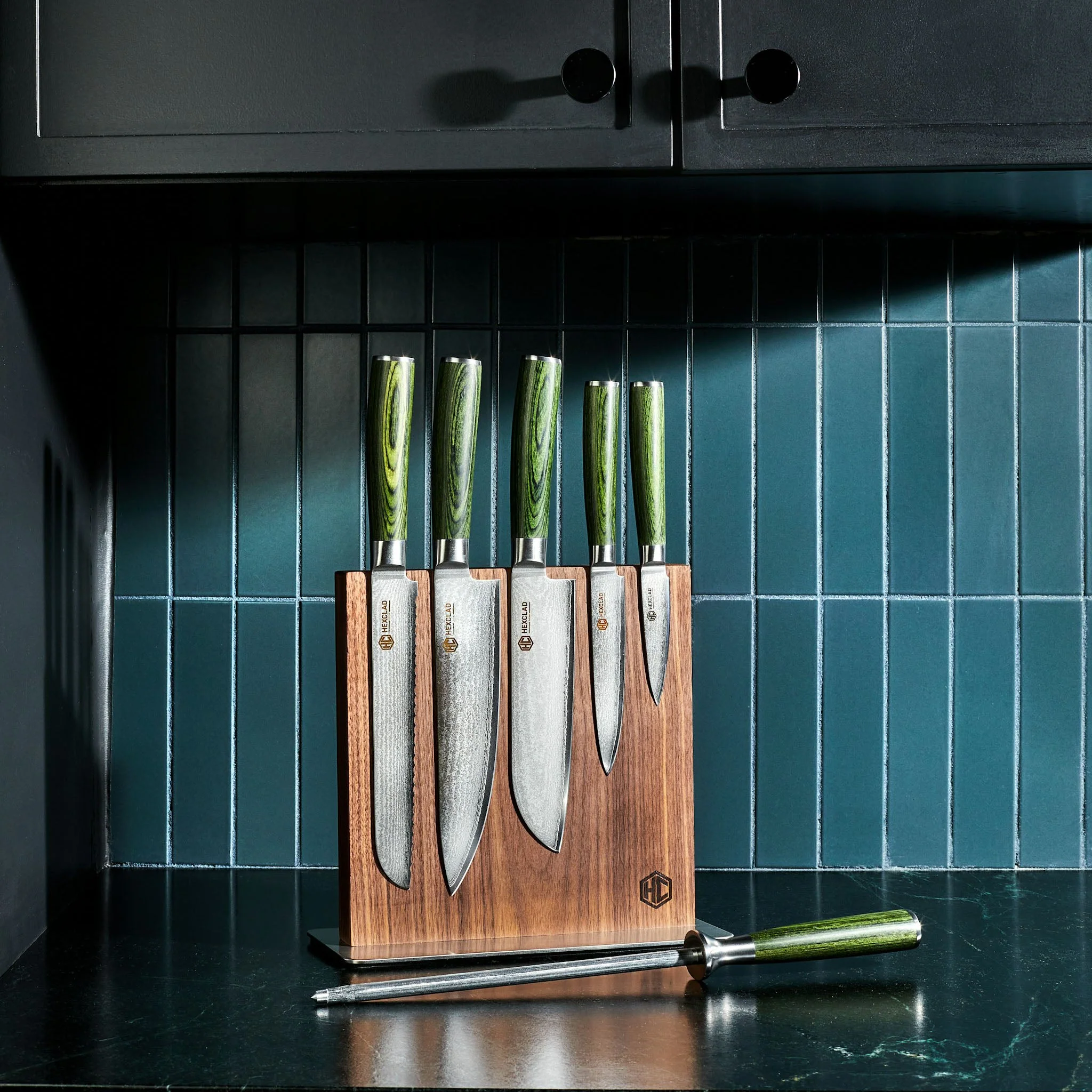 6pc Japanese Damascus Steel Knife Set w/ Magnetic Knife Block - Image 6